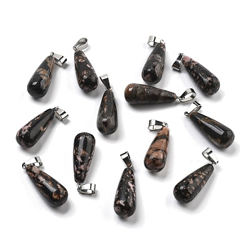 Natural Rhodonite Pendants, with Stainless Steel Snap On Bails, Drop, 28~30x10~12mm, Hole: 6x4mm