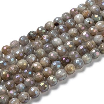 Natural Labradorite Beads Strands, Round, Rainbow Plated, Faceted, 6mm, Hole: 1mm, about 70pcs/strand, 15.35''(39cm)