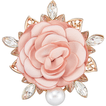 Cloth Flower Brooch, with Alloy Pin, Rhinestone amd ABS Plastic, Misty Rose, 52.5x52x21mm