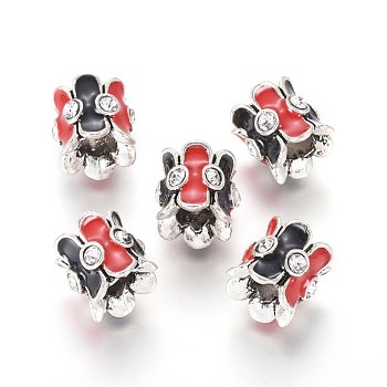 Antique Silver Plated Alloy Enamel European Beads, Large Hole Beads, with Rhinestone, Column, Red, 10.7x10.5~11mm, Hole: 5mm