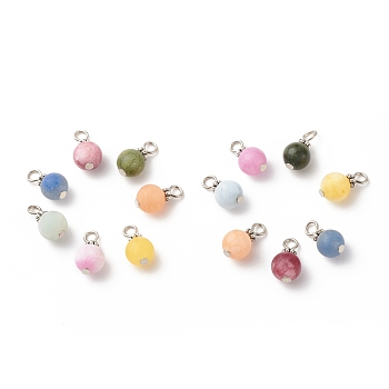 7Pcs 7 Styles Gemstone Charms, Natural White Jade & TaiWan Jade & Blue Aventurine & Aquamarine, Frosted, with Antique Silver & Platinum Alloy and Iron Findings, Mixed Dyed and Undyed, Round, 15x8.5mm, Hole: 3mm, 1pc/style