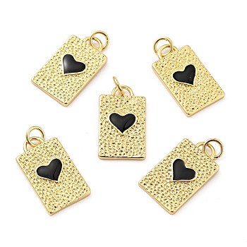Rack Plating Brass Black Enamel Pendants, Long-Lasting Plated, Lead Free & Cadmium Free & Nickel Free, Rectangle with Heart, Real 18K Gold Plated, 19x11x2mm, Jump Ring: 5x1mm, 3mm Inner Diameter