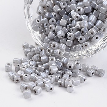 6/0 Cube Ceylon Round Hole Glass Seed Beads, Gray, 3.5~4x2.5~3mm, Hole: 0.5mm, about 5500pcs/450g