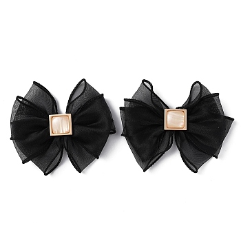 Polyester Tulle Bowknot Shoe Decorations, Detachable Shoe Buckle Clips, with Light Gold Plated Iron Findings, Black, 99x108x13mm