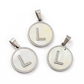 304 Stainless Steel with White Shell Pendants, Stainless Steel Color, Flat Round with Letter Charm, Letter.L, 18x16x1.5mm, Hole: 3x6mm