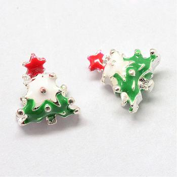 Alloy Enamel European Beads, Christmas Tree, Large Hole Beads, Silver Color Plated, Green, 15x13x8.5mm, Hole: 5mm