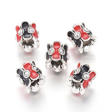 Antique Silver Plated Alloy Enamel European Beads, Large Hole Beads, with Rhinestone, Column, Red, 10.7x10.5~11mm, Hole: 5mm(CPDL-L021-B02-AS)