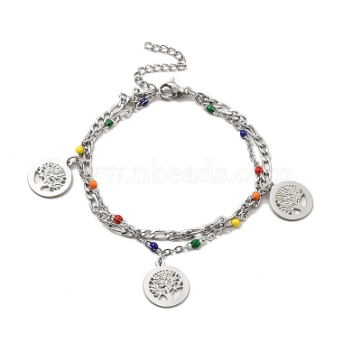 Bracelet multi-rangs double épaisseur avec perles et chaînes figaro en émail coloré(BJEW-C025-04P)-2