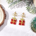 Handmade Glass Seed Beads Dangle Stud Earrings, with Brass, Golden, Christmas Gift with Bowknot, FireBrick, 32x16mm(EJEW-MZ00545-01)