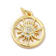 Rack Plating Brass & Cubic Zirconia Pendants, with Plastic Findings & Jump Ring, Lead Free & Cadmium Free, Long Lasting Real 18K Gold Plated, Flat Round with Sun Pattern Charm, Clear, 20x17x5mm, Hole: 4mm(KK-G459-02G-02)