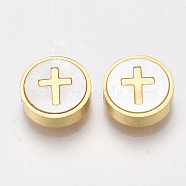 304 Stainless Steel Beads, with Shell, Flat Round with Cross, Golden, 10x3mm, Hole: 1.6mm(STAS-T045-14G)