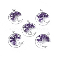 Natural Amethyst Big Pendants, with Platinum Tone Brass Findings, Moon with Tree, 50~53x41~43x8~10mm, Hole: 7x5mm(G-L521-E04)