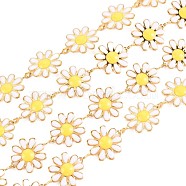304 Stainless Steel Sunflower Link Chains, with Enamel, Real 18K Gold Plated, Soldered, White, 13x10x1mm, about 3.28 Feet(1m)/Strand(STAS-N092-03LG)