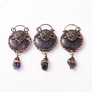 Natural Amethyst Big Pendants, with Red Copper Tone Brass Findings, Flat Round with Lion & Teardrop, Cadmium Free & Lead Free, 86~87x42x18~19mm, Hole: 6mm(G-I324-15R)