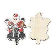 Single Face Christmas Printed Wood Big Pendants, Santa Claus Charms with Motorcycle, Red, 55x37.5x2.5mm, Hole: 2mm(WOOD-D025-36)