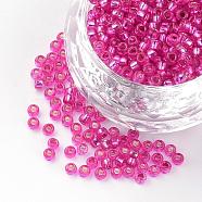 Silver Lined Glass Round Seed Beads, Camellia, 2.5x1.5~2mm, Hole: 1mm, about 50g/bag(SEED-R044-07)