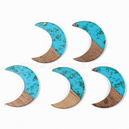 Transparent Resin & Walnut Wood Pendants, with Gold Foil, Moon, Dark Turquoise, 38x30x3mm, Hole: 2mm(RESI-S389-056A-B03)