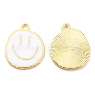 Alloy Enamel Pendants, Golden, Flat Round with Smiling Face Charm, White, 24.5x20x1.5mm, Hole: 2mm(X-ENAM-D051-18G-01)