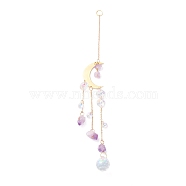 Hanging Crystal Aurora Wind Chimes, with Prismatic Pendant, Moon-shaped Iron Link and Natural Amethyst, for Home Window Lighting Decoration, Golden, 280mm(HJEW-Z003-03)