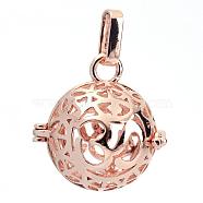 Rack Plating Brass Cage Pendants, For Chime Ball Pendant Necklaces Making, Hollow Round with Om Symbol, Rose Gold, 25x24x20.5mm, Hole: 3x7mm, inner measure: 18mm(KK-S751-012RG)