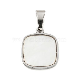 304 Stainless Steel Pave Natural White Shell Square Charms, Stainless Steel Color, 14x12x1mm, Hole: 5.5x3mm(STAS-S130-01P)