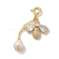 Bee Brass Micro Pave Cubic Zirconia & Glass Pendant Decorations, Natural Pearl Ornament with Brass Spring Ring Clasps, Real 14K Gold Plated, 37mm(AJEW-Q145-01G)