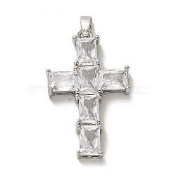 Brass Pendants, with Glass, Long-Lasting Plated, Cross, Platinum, 33.5x21x5.5mm, Hole: 5x3mm(KK-K355-48P)