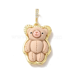 Opaque Resin Pendants, Large Hole Pendant, with Real 18K Gold Plated Brass Findings & Clear Cubic Zirconia, Cadmium Free & Lead Free, Bear, BurlyWood, 31.5x20.5x9.5mm, Hole: 4.5x7mm(KK-G406-05G-02)