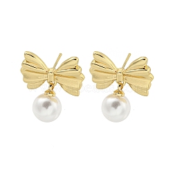 Bowknot Rack Plated Brass & ABS Pearl Stud Earrings for Women, Lead Free & Cadmium Free, Long-Lasting Plated, Real 18K Gold Plated, 24.5x22mm(EJEW-Z051-01G)