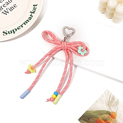 Polyester Braided Rope Bowknot Hanging Ornaments, with Iron Heart Clasp for Keychain Bag Decoration, Pink,(PW-WG70E10-02)