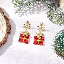 Handmade Glass Seed Beads Dangle Stud Earrings, with Brass, Golden, Christmas Gift with Bowknot, FireBrick, 32x16mm(EJEW-MZ00545-01)