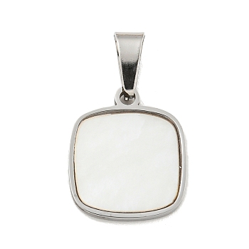 304 Stainless Steel Pave Natural White Shell Square Charms, Stainless Steel Color, 14x12x1mm, Hole: 5.5x3mm