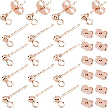 30Pcs 304 Stainless Steel Ball Stud Earring Post, Earring Findings, with Loop and Ear Nuts, Round, Rose Gold, 14x3mm, Hole: 2mm, Pin: 0.8mm