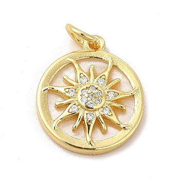 Rack Plating Brass & Cubic Zirconia Pendants, with Plastic Findings & Jump Ring, Lead Free & Cadmium Free, Long Lasting Real 18K Gold Plated, Flat Round with Sun Pattern Charm, Clear, 20x17x5mm, Hole: 4mm