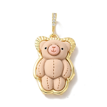 Opaque Resin Pendants, Large Hole Pendant, with Real 18K Gold Plated Brass Findings & Clear Cubic Zirconia, Cadmium Free & Lead Free, Bear, BurlyWood, 31.5x20.5x9.5mm, Hole: 4.5x7mm
