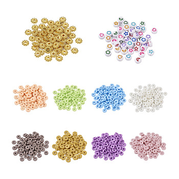 7790Pcs Flat Round Eco-Friendly Handmade Polymer Clay Beads, with 50Pcs Opaque Acrylic Beads and 100Pcs Gear Tibetan Style Alloy Spacer Beads, Mixed Color, 7940pcs/box