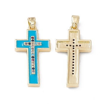 Brass Colorful Cubic Zirconia Pendants, Enamel Style, Cross Charms, Real 18K Gold Plated, Deep Sky Blue, 27.5x14x3mm, Hole: 4x2.5mm
