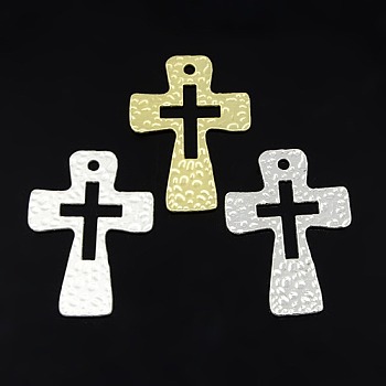 Hammered Cross Alloy Pendants, Mixed Color, 50x35x1.5mm, Hole: 3mm