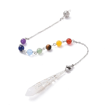 Natural White Jade Pointed Dowsing Pendulums, with Natural Chakra Round Gemstone Beads & 304 Stainless Steel Findings, Faceted Bullet Charm, 272mm