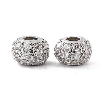 Eco-Friendly Brass Micro Pave Cubic Zirconia Beads, Cadmium Free & Lead Free, Round, Real Platinum Plated, 10x7mm, Hole: 3.5mm