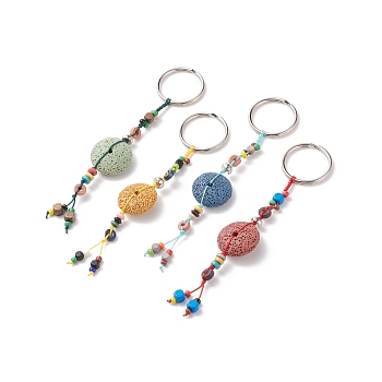 Flat Round Natural Lava Rock Beads Keychain, with Iron Ring and Alloy Findings, Mixed Color, 150mm