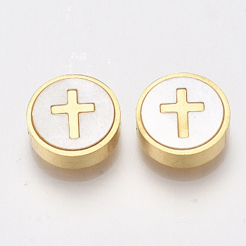 304 Stainless Steel Beads, with Shell, Flat Round with Cross, Golden, 10x3mm, Hole: 1.6mm