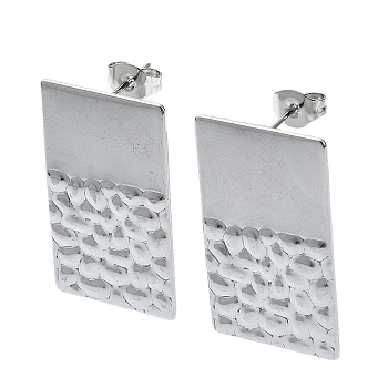 201 Stainless Steel Stud Earrings, with 304 Stainless Steel Pins, Textured Rectangle, Stainless Steel Color, 27x16mm