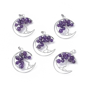 Natural Amethyst Big Pendants, with Platinum Tone Brass Findings, Moon with Tree, 50~53x41~43x8~10mm, Hole: 7x5mm