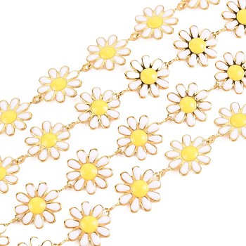 304 Stainless Steel Sunflower Link Chains, with Enamel, Real 18K Gold Plated, Soldered, White, 13x10x1mm, about 3.28 Feet(1m)/Strand
