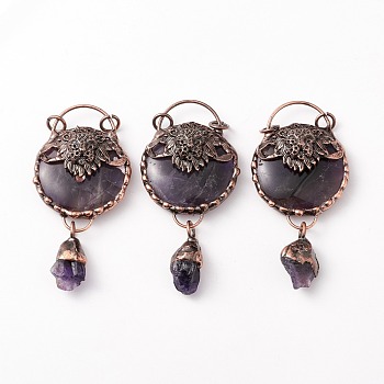 Natural Amethyst Big Pendants, with Red Copper Tone Brass Findings, Flat Round with Lion & Teardrop, Cadmium Free & Lead Free, 86~87x42x18~19mm, Hole: 6mm