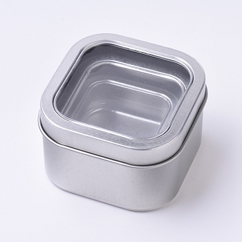 Tinplate Box, Storage Containers for Jewelry Beads, Candies, with Lid and Clear Window, Square, Platinum, 6~8x6~8x2.7~4.9cm, 3pcs/set