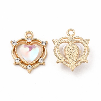 Rack Plating Eco-friendly Alloy Crystal Rhinestone Pendants, with Resin, Heart Charm, Golden, 18x15x5mm, Hole: 1.6mm