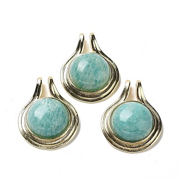 Natural Amazonite Pendants, Rack Plating Golden Plated Brass Half Round Charms, Cadmium Free & Lead Free, 28x22.5x10mm, Hole: 2x4mm