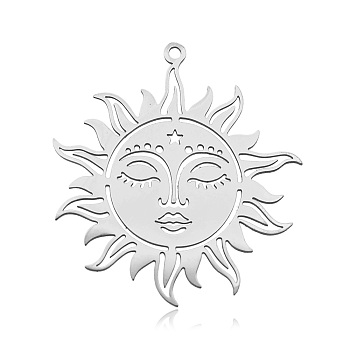 201 Stainless Steel Pendants, Laser Cut, Sun, Stainless Steel Color, 37.5x35x1mm, Hole: 1.6mm